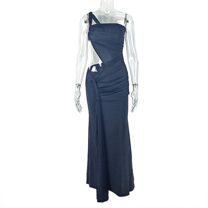 One shoulder irregular hollow out ruched cut out maxi dress  | Festival Outfits Women