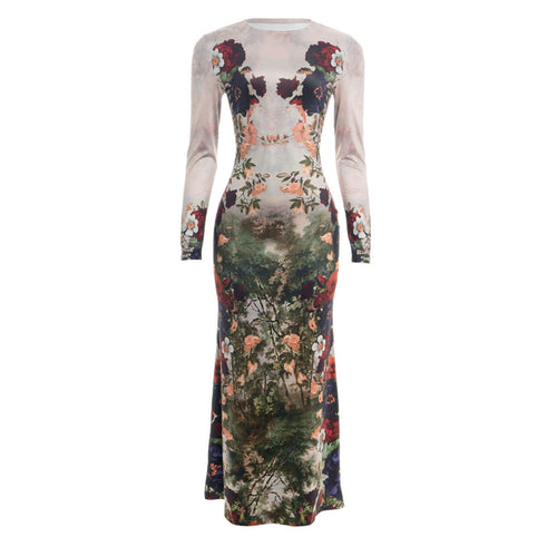 Flower print long sleeve crewneck maxi dress  | Festival Outfits Women