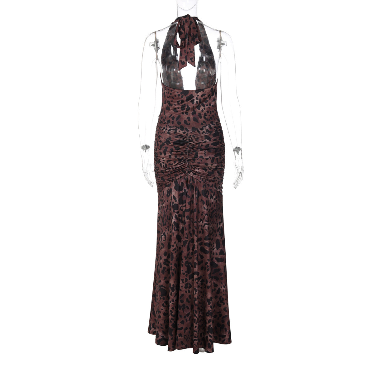 Halter self tie leopard print ruched backless maxi dress  | Festival Outfits Women