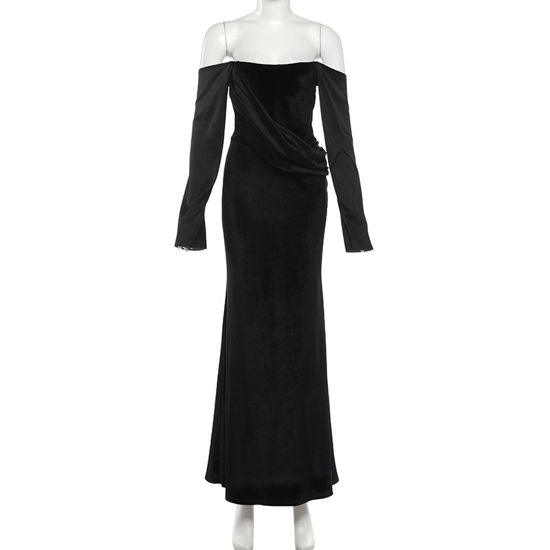 Off shoulder long sleeve velvet ruched maxi dress  | Festival Outfits Women