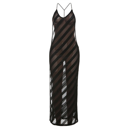 V neck mesh high slit see through backless maxi dress  | Festival Outfits Women