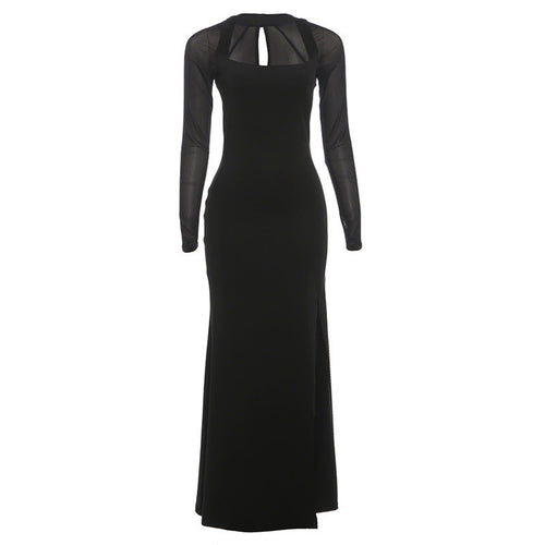 Long sleeve hollow out mesh high slit cut out maxi dress  | Festival Outfits Women