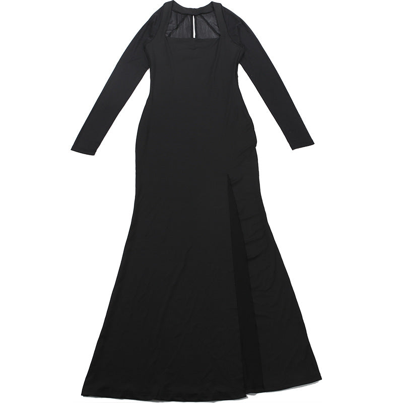 Long sleeve hollow out mesh high slit cut out maxi dress  | Festival Outfits Women