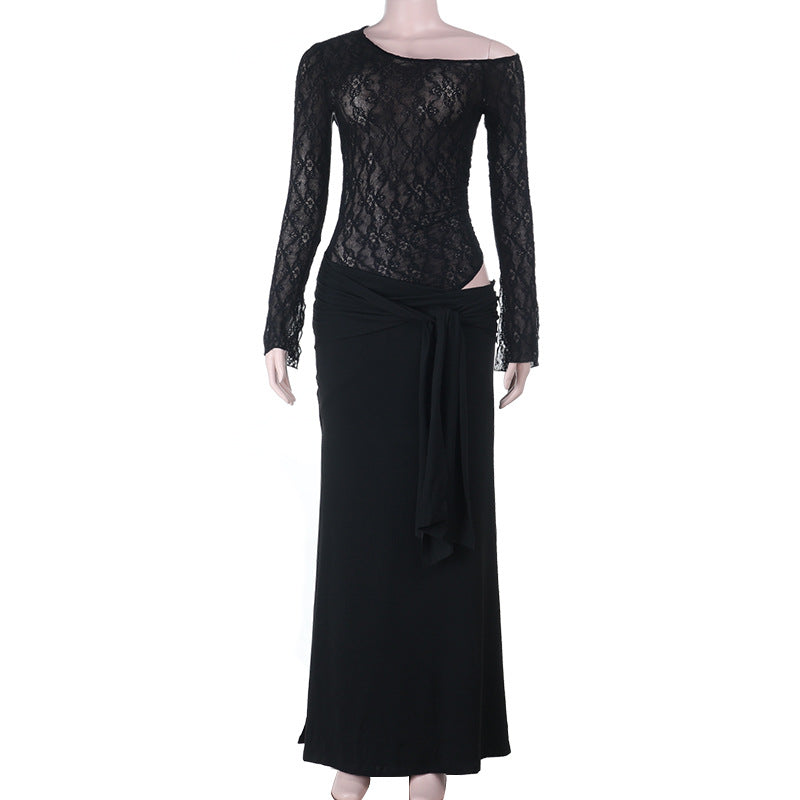 Ruched long sleeve lace hollow out cut out maxi dress  | Festival Outfits Women