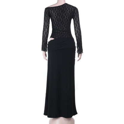 Ruched long sleeve lace hollow out cut out maxi dress  | Festival Outfits Women