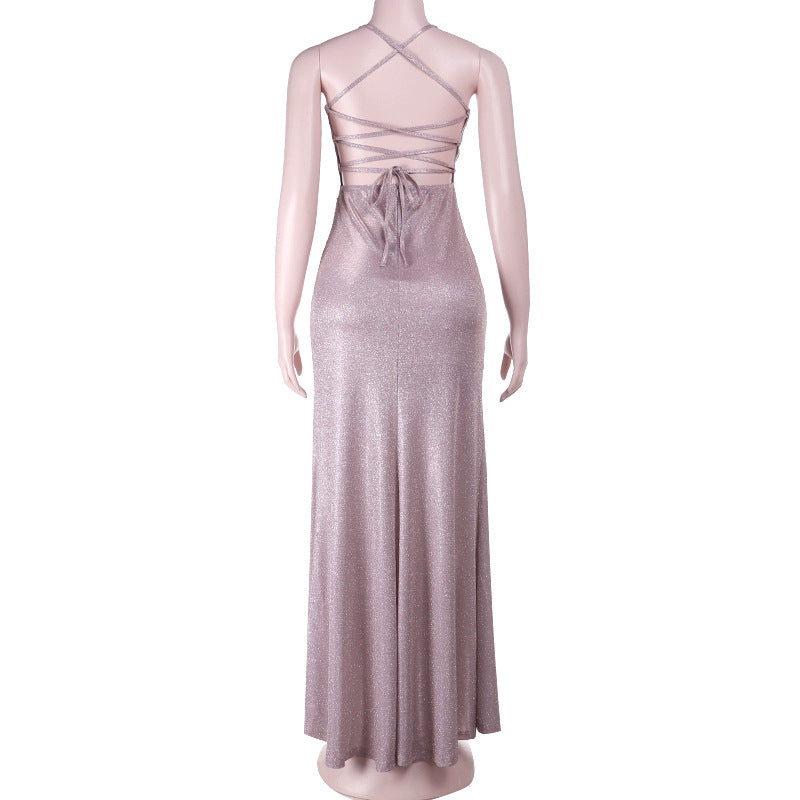 Cross back self tie ruched zip-up slit cami maxi dress  | Festival Outfits Women