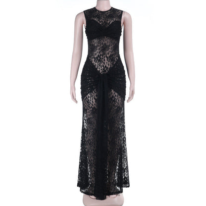 Crewneck sleeveless ruched lace maxi dress  | Festival Outfits Women