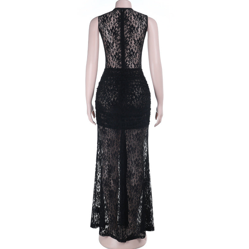 Crewneck sleeveless ruched lace maxi dress  | Festival Outfits Women