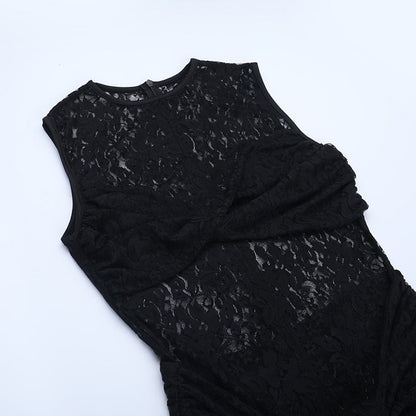Crewneck sleeveless ruched lace maxi dress  | Festival Outfits Women