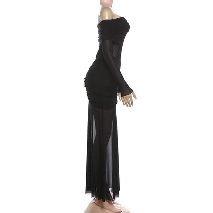 Off shoulder mesh patchwork long sleeve ruched maxi dress  | Festival Outfits Women