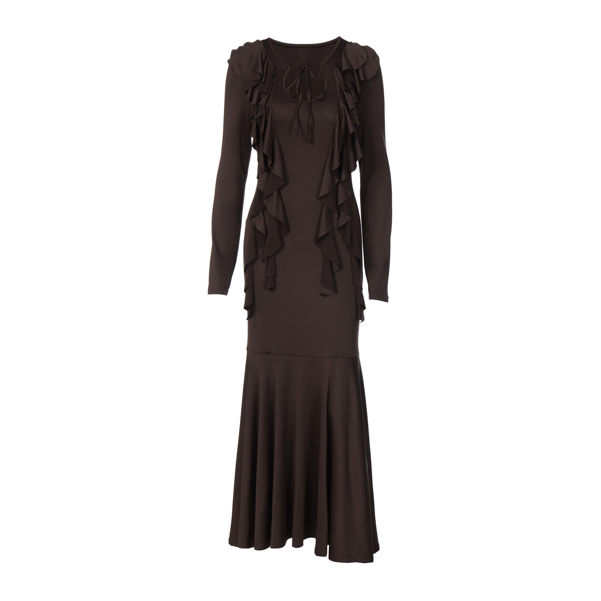 Long sleeve ruffle self tie solid maxi dress  | Festival Outfits Women