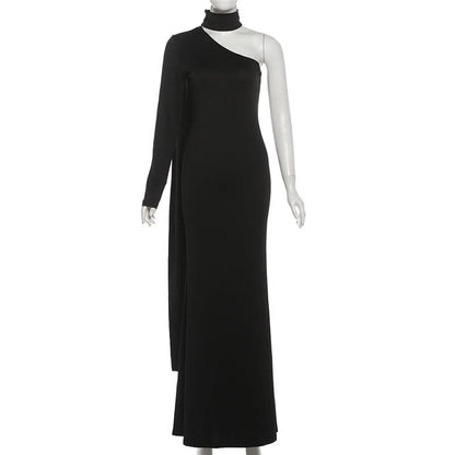 High neck one shoulder solid maxi dress  | Festival Outfits Women