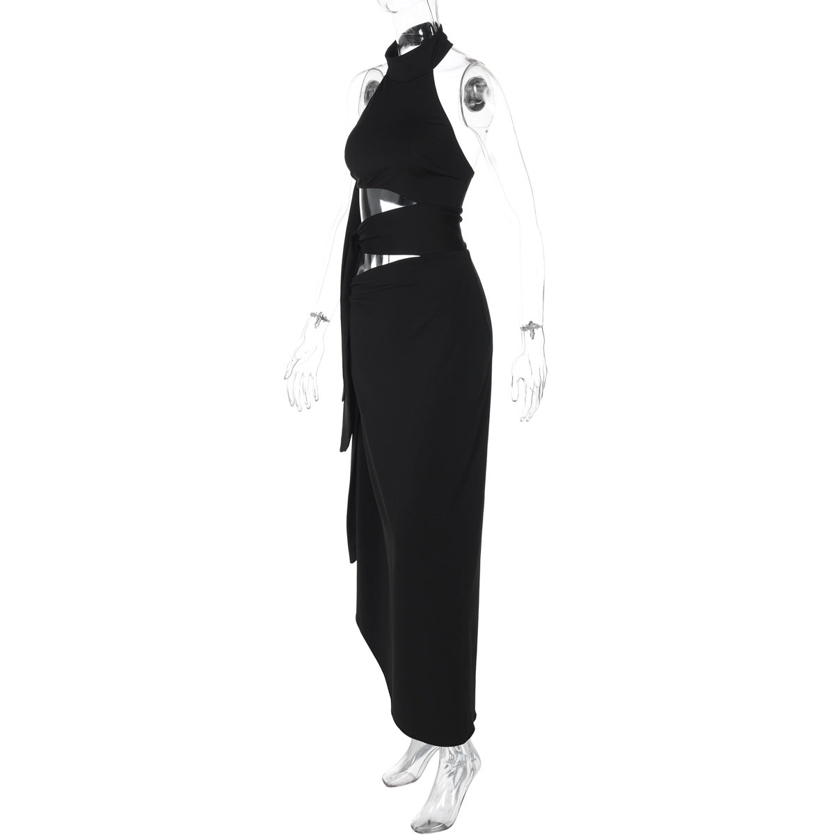 Halter hollow out irregular button slit cut out maxi dress  | Festival Outfits Women