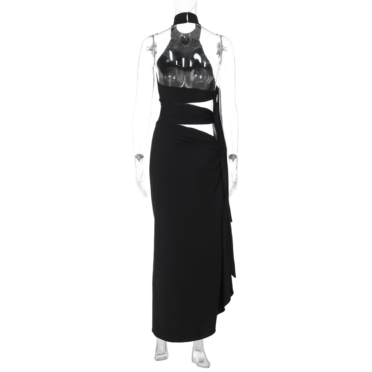Halter hollow out irregular button slit cut out maxi dress  | Festival Outfits Women