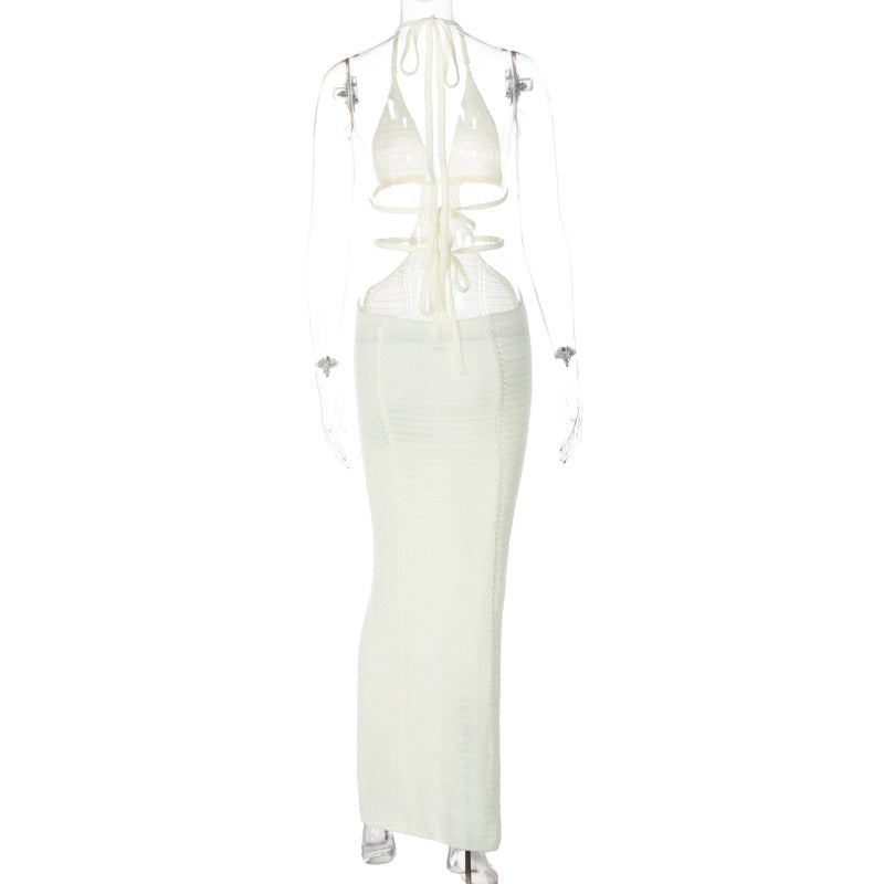 Halter self tie hollow out v neck cut out maxi dress  | Festival Outfits Women