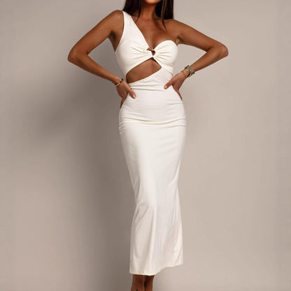 One shoulder hollow out ruched irregular cut out maxi dress  | Festival Outfits Women