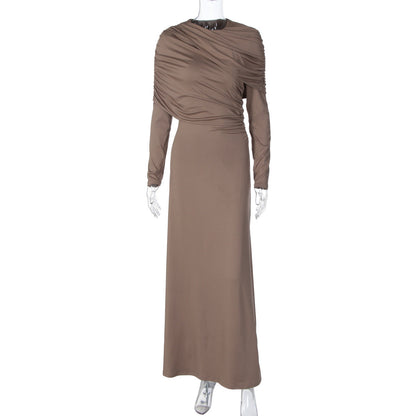 Long sleeve ruched irregular crewneck maxi dress  | Festival Outfits Women
