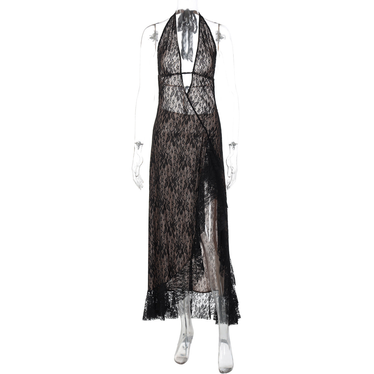 Halter self tie lace slit hollow out cut out maxi dress  | Festival Outfits Women