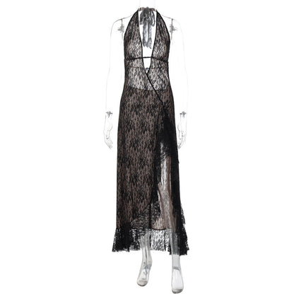Halter self tie lace slit hollow out cut out maxi dress  | Festival Outfits Women