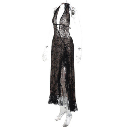 Halter self tie lace slit hollow out cut out maxi dress  | Festival Outfits Women