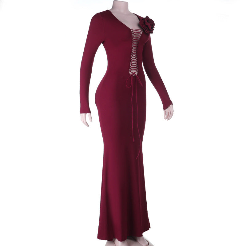 Long sleeve flower applique self tie solid maxi dress  | Festival Outfits Women