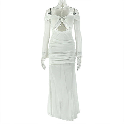 Long sleeve off shoulder halter hollow out mesh cut out maxi dress  | Festival Outfits Women