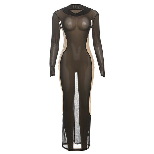 Sheer mesh long sleeve crewneck maxi dress  | Festival Outfits Women