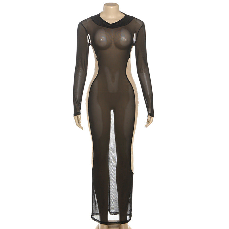 Sheer mesh long sleeve crewneck maxi dress  | Festival Outfits Women