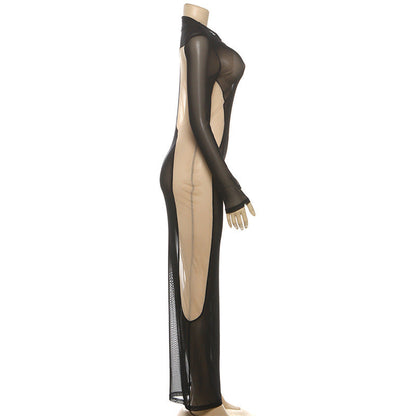 Sheer mesh long sleeve crewneck maxi dress  | Festival Outfits Women