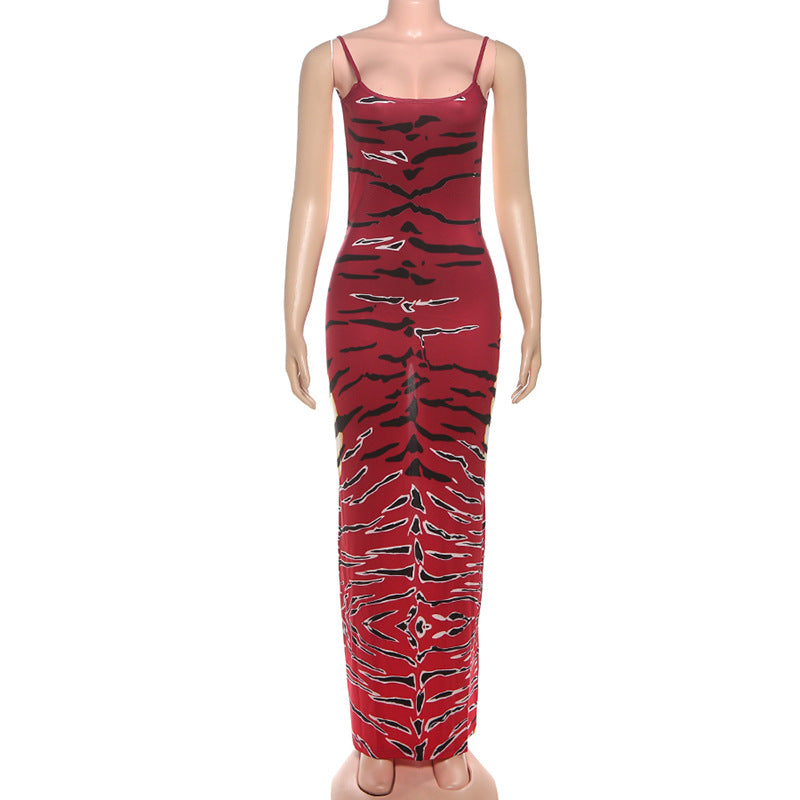 U neck slit print backless cami maxi dress  | Festival Outfits Women