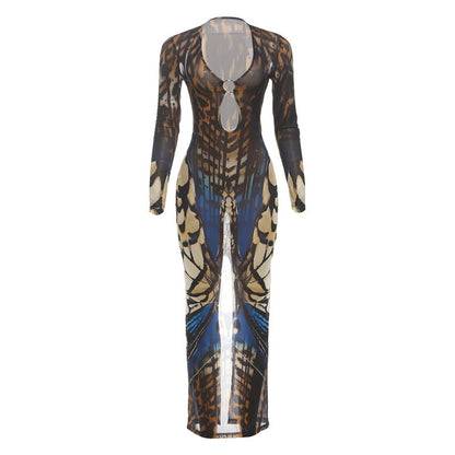 Long sleeve hollow out o ring print mesh cut out maxi dress  | Festival Outfits Women