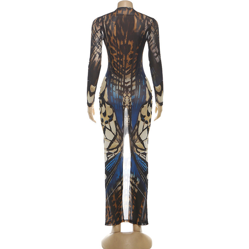 Long sleeve hollow out o ring print mesh cut out maxi dress  | Festival Outfits Women
