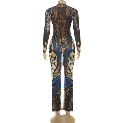 Long sleeve hollow out o ring print mesh cut out maxi dress  | Festival Outfits Women