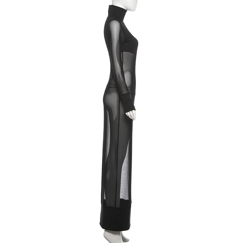 High neck long sleeve mesh solid maxi dress  | Festival Outfits Women