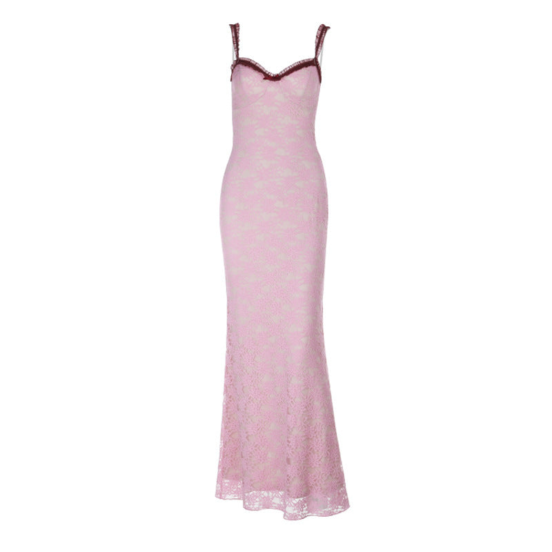 Bowknot lace ruffle v neck cami maxi dress  | Festival Outfits Women