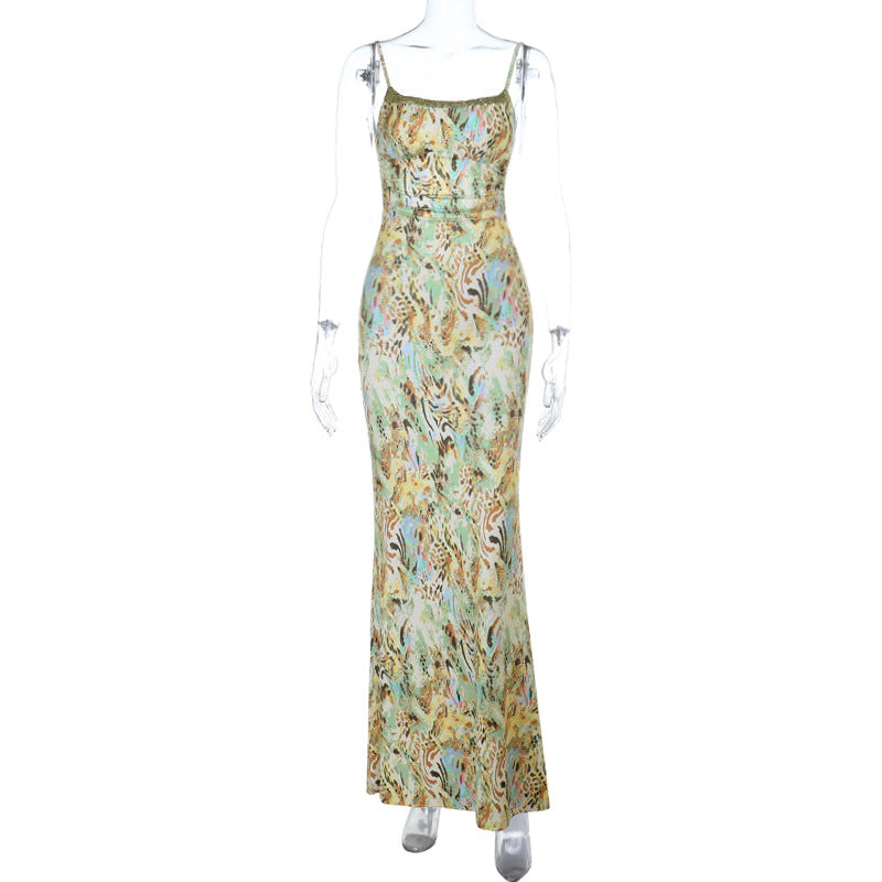 Glitter square neck print self tie cami maxi dress  | Festival Outfits Women