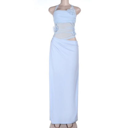 Self tie halter flower applique mesh hollow out cut out maxi dress  | Festival Outfits Women