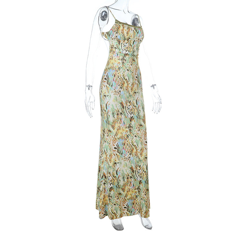 Glitter square neck print self tie cami maxi dress  | Festival Outfits Women