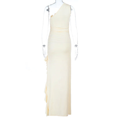 Irregular one shoulder slit ruffle ruched maxi dress  | Festival Outfits Women