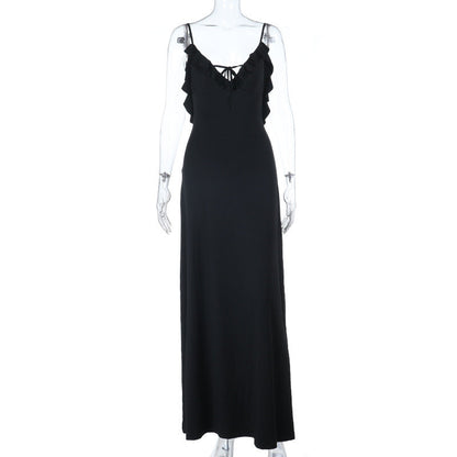 Self tie ruffle v neck backless cami maxi dress  | Festival Outfits Women