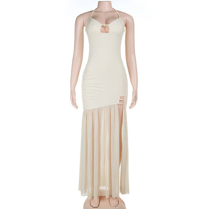 High slit hollow out self tie halter mesh cut out maxi dress  | Festival Outfits Women