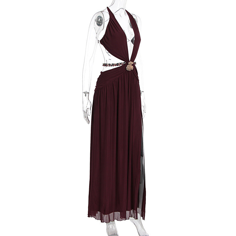 Beaded deep v neck slit cross back self tie maxi dress  | Festival Outfits Women