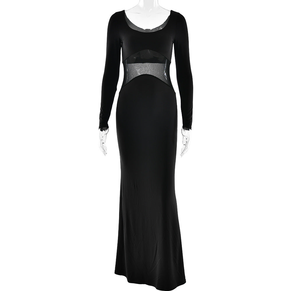 Long sleeve u neck mesh patchwork maxi dress  | Festival Outfits Women