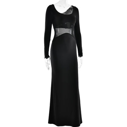 Long sleeve u neck mesh patchwork maxi dress  | Festival Outfits Women