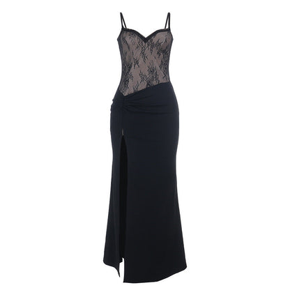 Lace hem v neck ruched slit cami maxi dress  | Festival Outfits Women