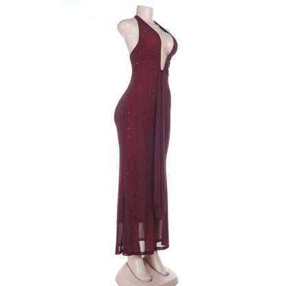 Self tie halter deep v neck backless maxi dress  | Festival Outfits Women