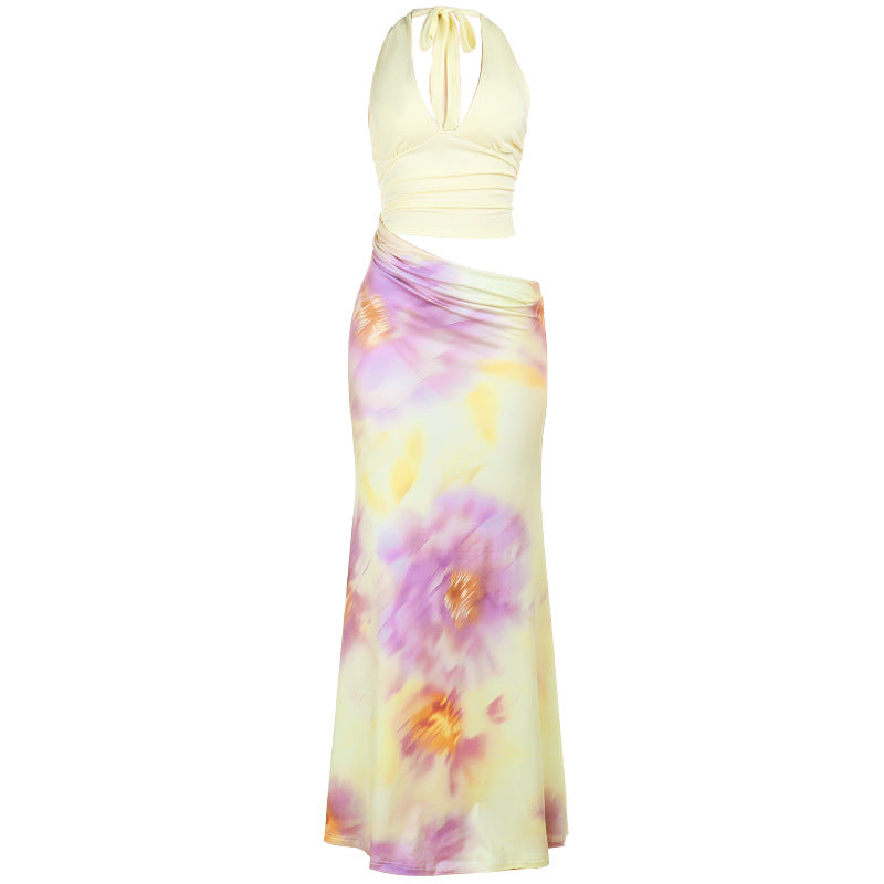 Hollow out v neck self tie halter flower print cut out maxi dress  | Festival Outfits Women