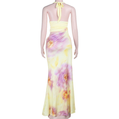 Hollow out v neck self tie halter flower print cut out maxi dress  | Festival Outfits Women