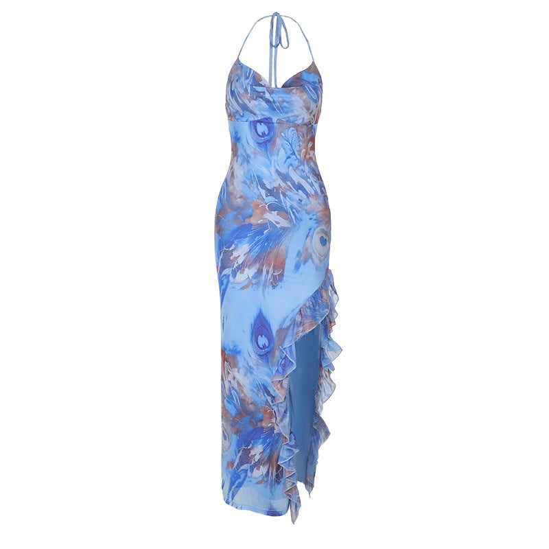 Ruffle slit print halter self tie cowl neck maxi dress  | Festival Outfits Women