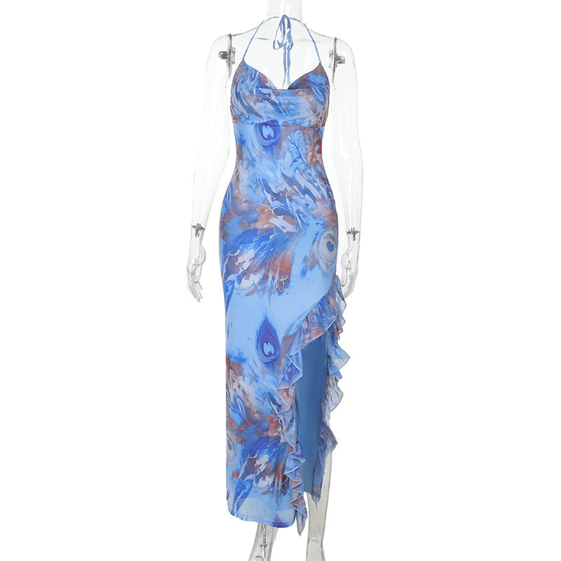 Ruffle slit print halter self tie cowl neck maxi dress  | Festival Outfits Women